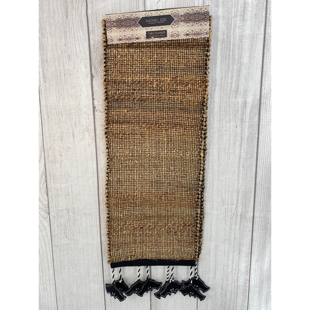Rachel Zoe Table Runner 14x72 Tan Black Jute Woven Bat Tassels Halloween Boho